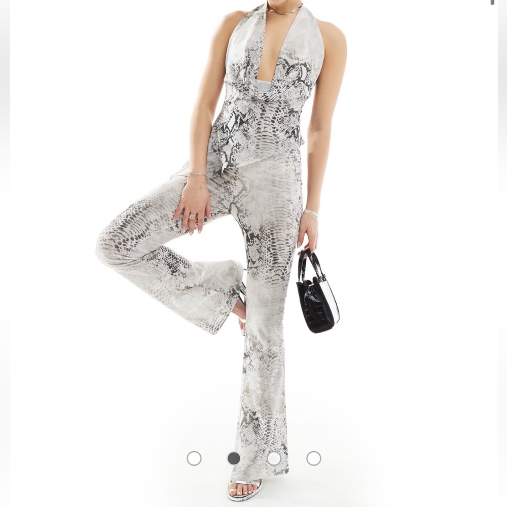 ASOS Two Piece Set: Pants & Plunge Halter - White/Gray Snakeskin Print